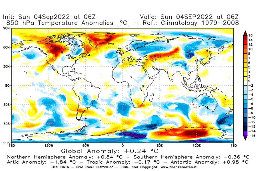 Mappa di analisi GFS - Anomalia Temperatura [°C] a 850 hPa in World
							del 04/09/2022 06 <!--googleoff: index-->UTC<!--googleon: index-->