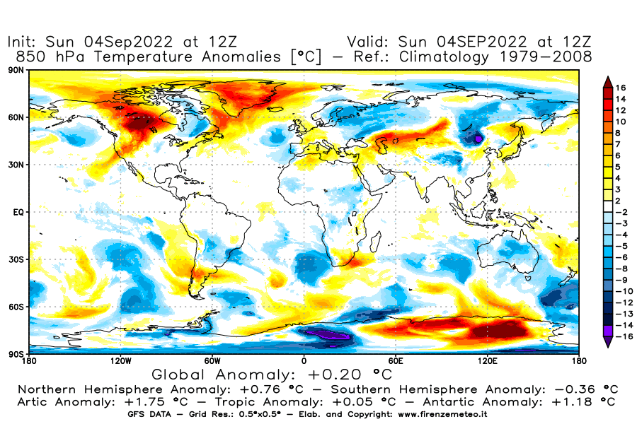 Mappa di analisi GFS - Anomalia Temperatura [°C] a 850 hPa in World
							del 04/09/2022 12 <!--googleoff: index-->UTC<!--googleon: index-->