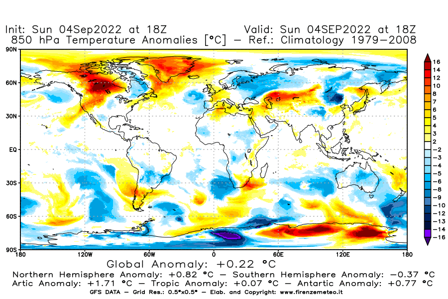 Mappa di analisi GFS - Anomalia Temperatura [°C] a 850 hPa in World
							del 04/09/2022 18 <!--googleoff: index-->UTC<!--googleon: index-->