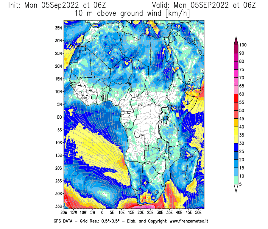 Mappa di analisi GFS - Velocità del vento a 10 metri dal suolo [km/h] in Africa
							del 05/09/2022 06 <!--googleoff: index-->UTC<!--googleon: index-->