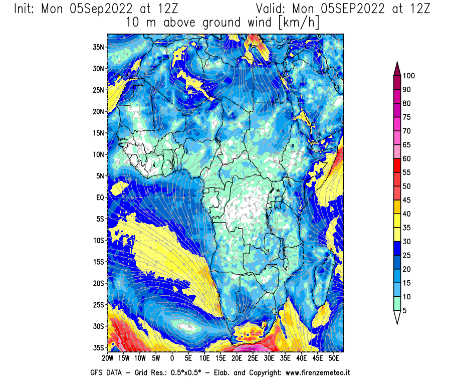 GFS analysi map - Wind Speed at 10 m above ground [km/h] in Africa
									on 05/09/2022 12 <!--googleoff: index-->UTC<!--googleon: index-->