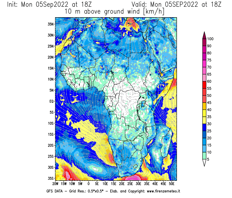 Mappa di analisi GFS - Velocità del vento a 10 metri dal suolo [km/h] in Africa
							del 05/09/2022 18 <!--googleoff: index-->UTC<!--googleon: index-->