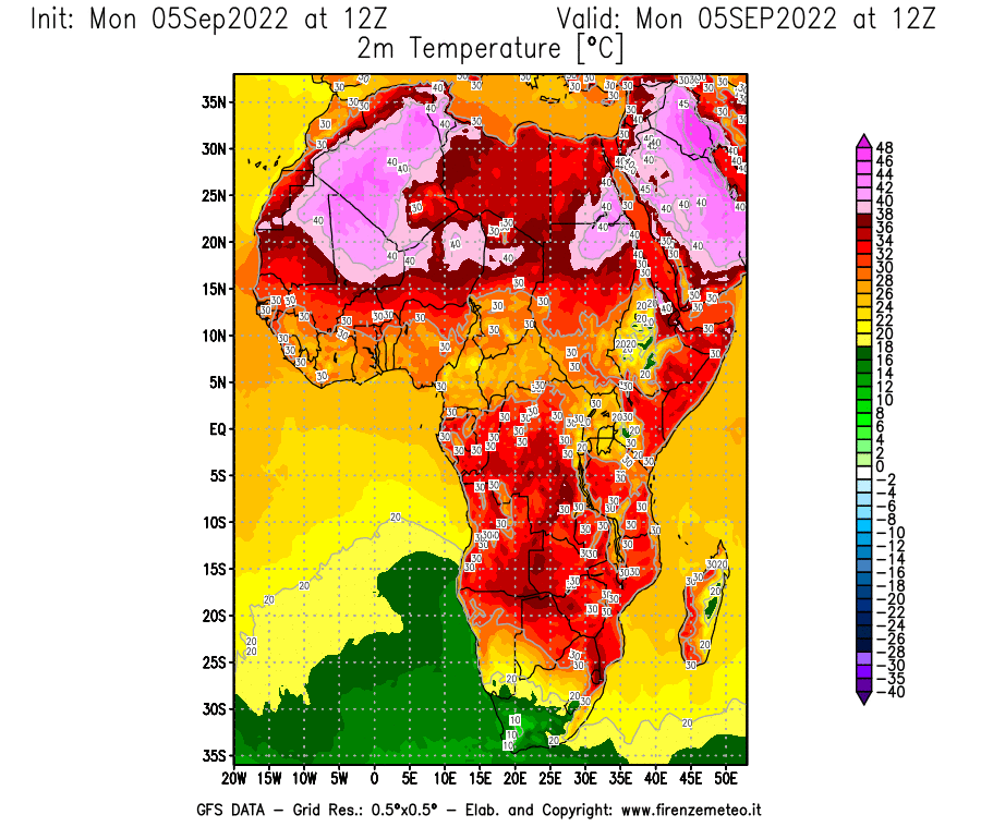 Mappa di analisi GFS - Temperatura a 2 metri dal suolo [°C] in Africa
							del 05/09/2022 12 <!--googleoff: index-->UTC<!--googleon: index-->