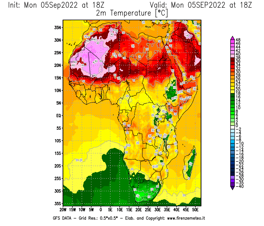 GFS analysi map - Temperature at 2 m above ground [°C] in Africa
									on 05/09/2022 18 <!--googleoff: index-->UTC<!--googleon: index-->