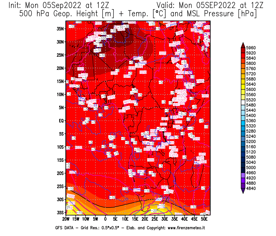 Mappa di analisi GFS - Geopotenziale [m] + Temp. [°C] a 500 hPa + Press. a livello del mare [hPa] in Africa
							del 05/09/2022 12 <!--googleoff: index-->UTC<!--googleon: index-->