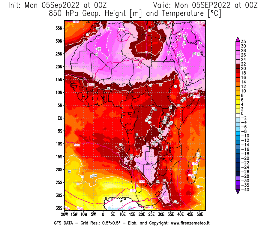 GFS analysi map - Geopotential [m] and Temperature [°C] at 850 hPa in Africa
									on 05/09/2022 00 <!--googleoff: index-->UTC<!--googleon: index-->