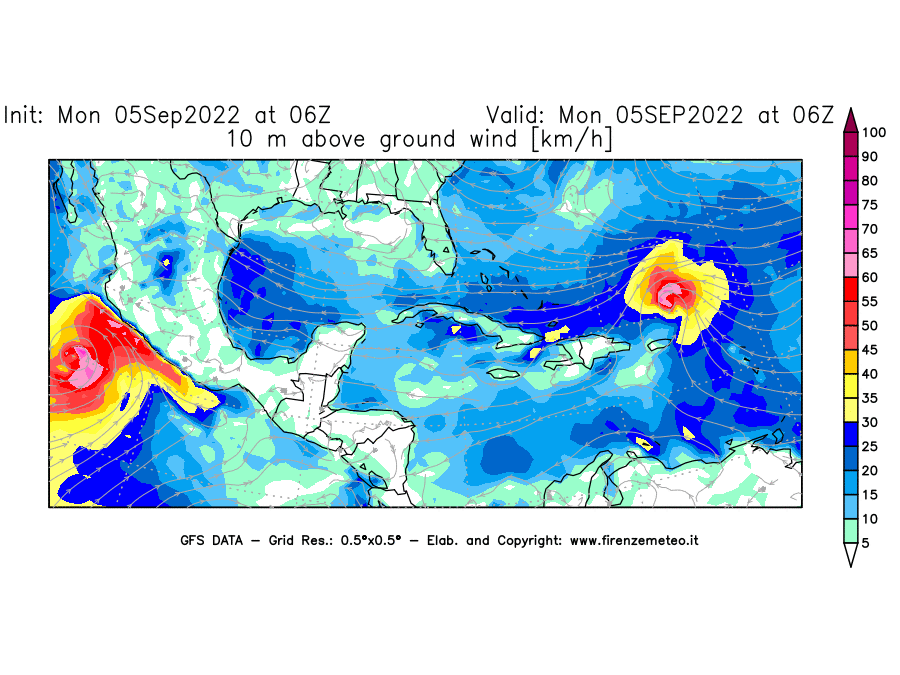 Mappa di analisi GFS - Velocità del vento a 10 metri dal suolo [km/h] in Centro-America
							del 05/09/2022 06 <!--googleoff: index-->UTC<!--googleon: index-->