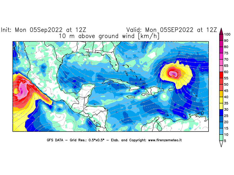 Mappa di analisi GFS - Velocità del vento a 10 metri dal suolo [km/h] in Centro-America
							del 05/09/2022 12 <!--googleoff: index-->UTC<!--googleon: index-->