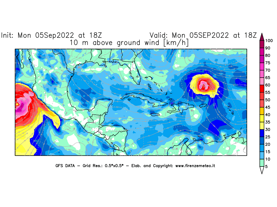 Mappa di analisi GFS - Velocità del vento a 10 metri dal suolo [km/h] in Centro-America
							del 05/09/2022 18 <!--googleoff: index-->UTC<!--googleon: index-->