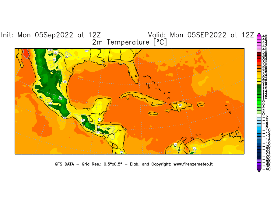 GFS analysi map - Temperature at 2 m above ground [°C] in Central America
									on 05/09/2022 12 <!--googleoff: index-->UTC<!--googleon: index-->