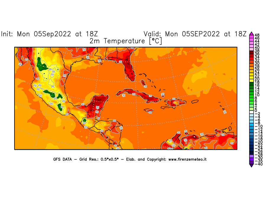 Mappa di analisi GFS - Temperatura a 2 metri dal suolo [°C] in Centro-America
							del 05/09/2022 18 <!--googleoff: index-->UTC<!--googleon: index-->