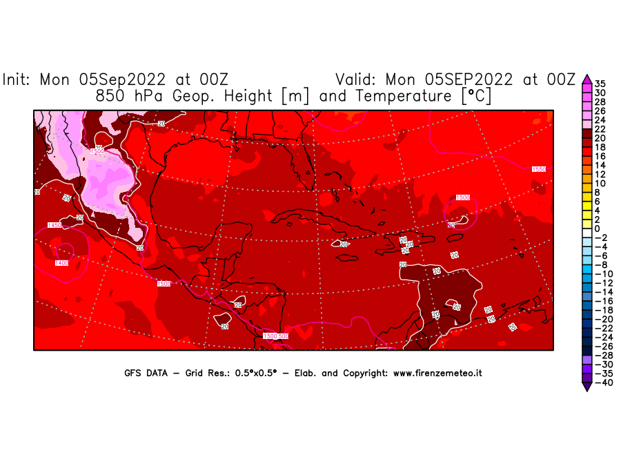 Mappa di analisi GFS - Geopotenziale [m] e Temperatura [°C] a 850 hPa in Centro-America
							del 05/09/2022 00 <!--googleoff: index-->UTC<!--googleon: index-->