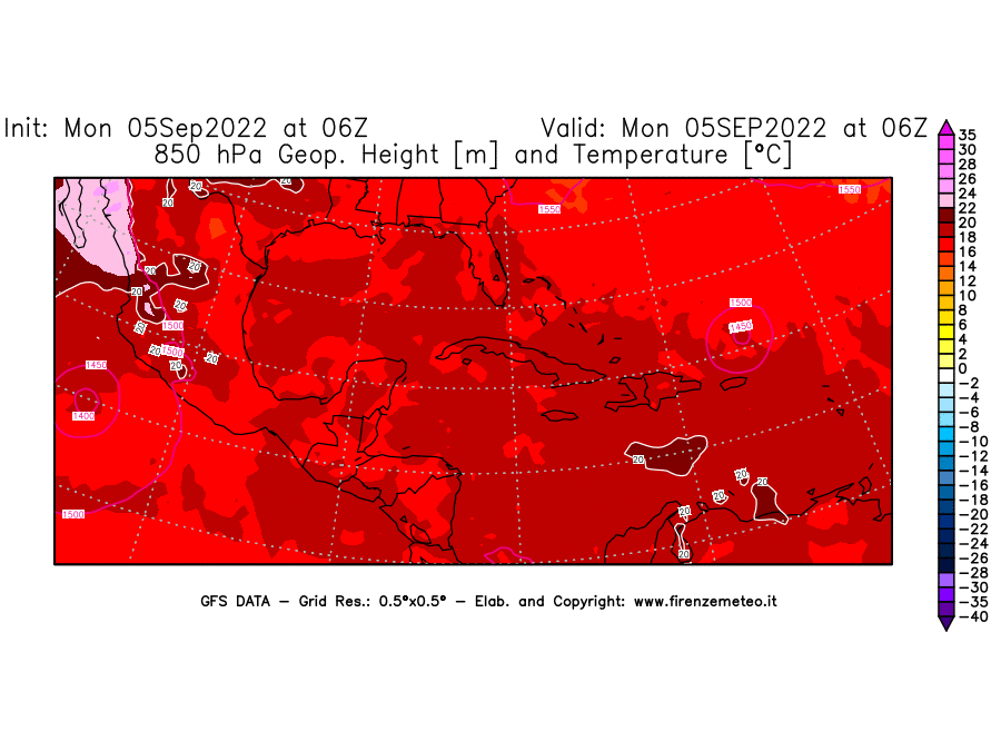 Mappa di analisi GFS - Geopotenziale [m] e Temperatura [°C] a 850 hPa in Centro-America
							del 05/09/2022 06 <!--googleoff: index-->UTC<!--googleon: index-->