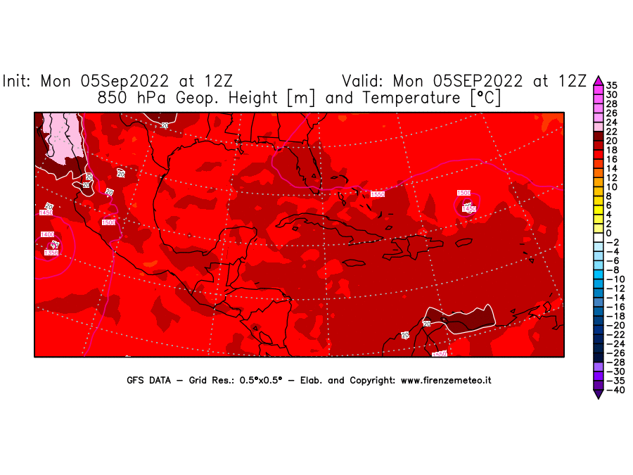 Mappa di analisi GFS - Geopotenziale [m] e Temperatura [°C] a 850 hPa in Centro-America
							del 05/09/2022 12 <!--googleoff: index-->UTC<!--googleon: index-->