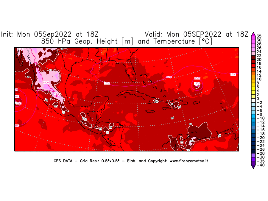 Mappa di analisi GFS - Geopotenziale [m] e Temperatura [°C] a 850 hPa in Centro-America
							del 05/09/2022 18 <!--googleoff: index-->UTC<!--googleon: index-->