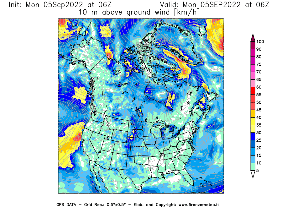 Mappa di analisi GFS - Velocità del vento a 10 metri dal suolo [km/h] in Nord-America
							del 05/09/2022 06 <!--googleoff: index-->UTC<!--googleon: index-->