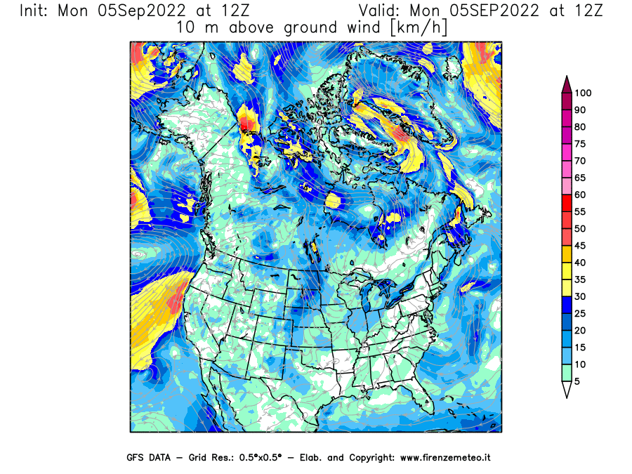 Mappa di analisi GFS - Velocità del vento a 10 metri dal suolo [km/h] in Nord-America
							del 05/09/2022 12 <!--googleoff: index-->UTC<!--googleon: index-->