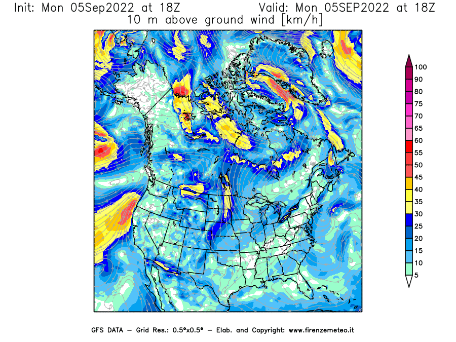 Mappa di analisi GFS - Velocità del vento a 10 metri dal suolo [km/h] in Nord-America
							del 05/09/2022 18 <!--googleoff: index-->UTC<!--googleon: index-->