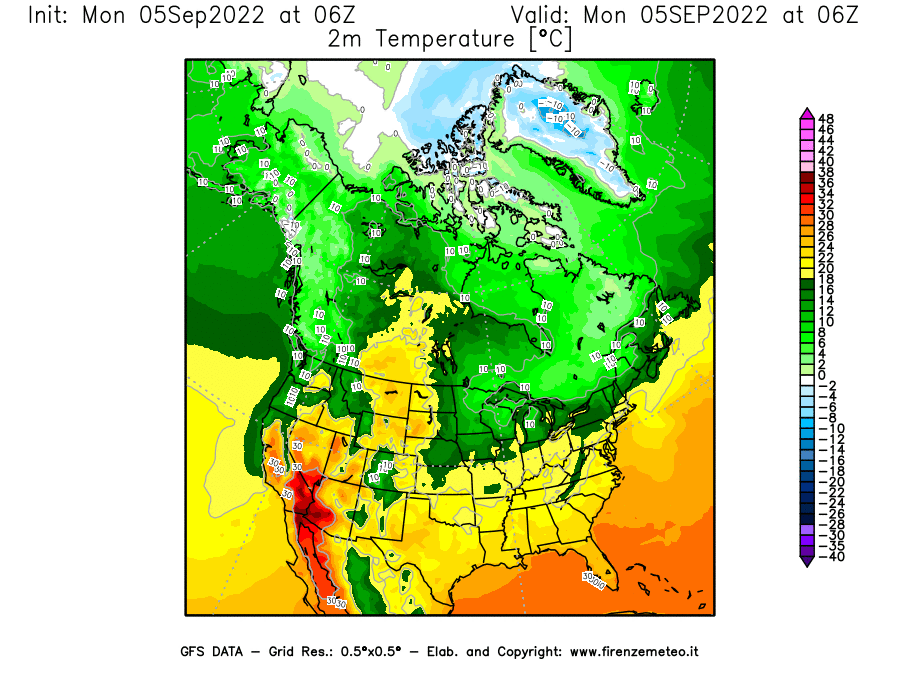 Mappa di analisi GFS - Temperatura a 2 metri dal suolo [°C] in Nord-America
							del 05/09/2022 06 <!--googleoff: index-->UTC<!--googleon: index-->