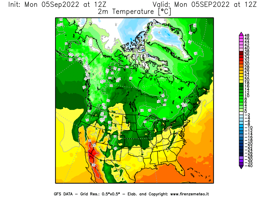 Mappa di analisi GFS - Temperatura a 2 metri dal suolo [°C] in Nord-America
							del 05/09/2022 12 <!--googleoff: index-->UTC<!--googleon: index-->