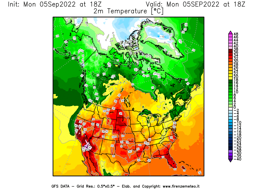 GFS analysi map - Temperature at 2 m above ground [°C] in North America
									on 05/09/2022 18 <!--googleoff: index-->UTC<!--googleon: index-->