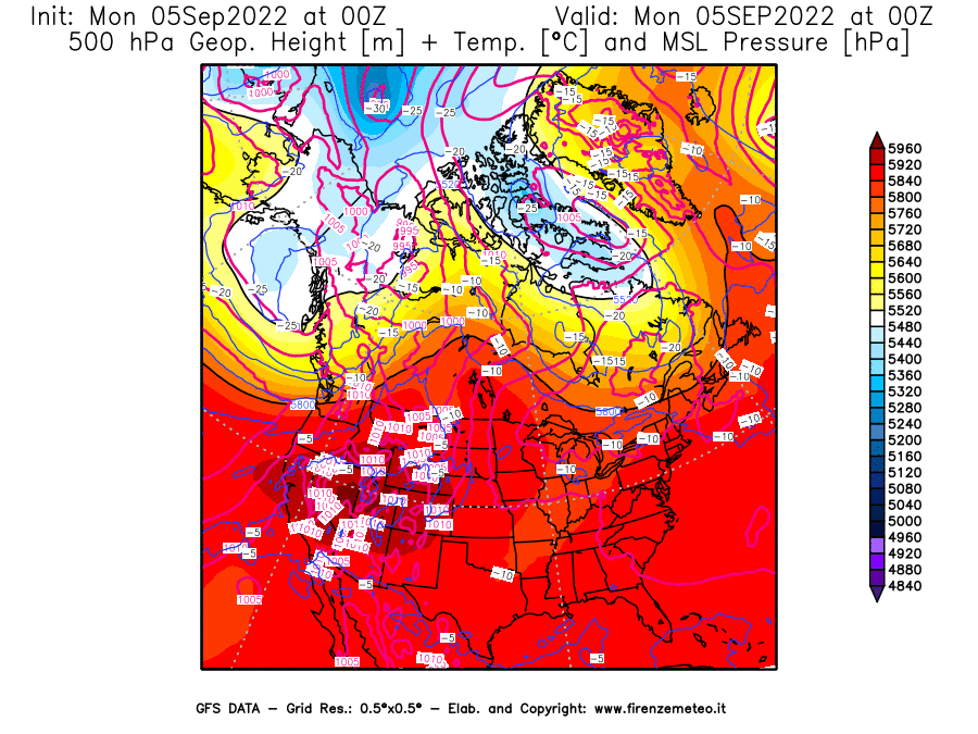 Mappa di analisi GFS - Geopotenziale [m] + Temp. [°C] a 500 hPa + Press. a livello del mare [hPa] in Nord-America
							del 05/09/2022 00 <!--googleoff: index-->UTC<!--googleon: index-->