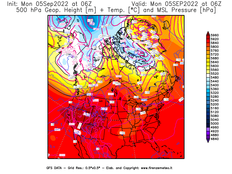 GFS analysi map - Geopotential [m] + Temp. [°C] at 500 hPa + Sea Level Pressure [hPa] in North America
									on 05/09/2022 06 <!--googleoff: index-->UTC<!--googleon: index-->