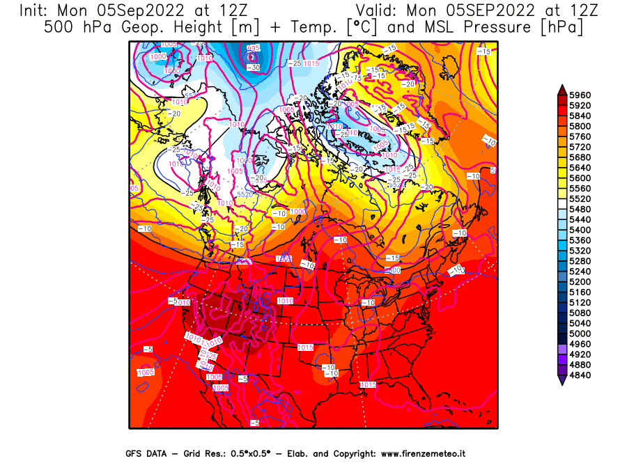 GFS analysi map - Geopotential [m] + Temp. [°C] at 500 hPa + Sea Level Pressure [hPa] in North America
									on 05/09/2022 12 <!--googleoff: index-->UTC<!--googleon: index-->