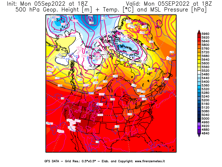 GFS analysi map - Geopotential [m] + Temp. [°C] at 500 hPa + Sea Level Pressure [hPa] in North America
									on 05/09/2022 18 <!--googleoff: index-->UTC<!--googleon: index-->