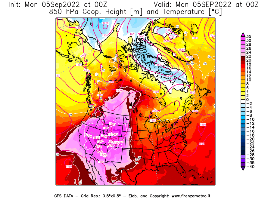 Mappa di analisi GFS - Geopotenziale [m] e Temperatura [°C] a 850 hPa in Nord-America
							del 05/09/2022 00 <!--googleoff: index-->UTC<!--googleon: index-->