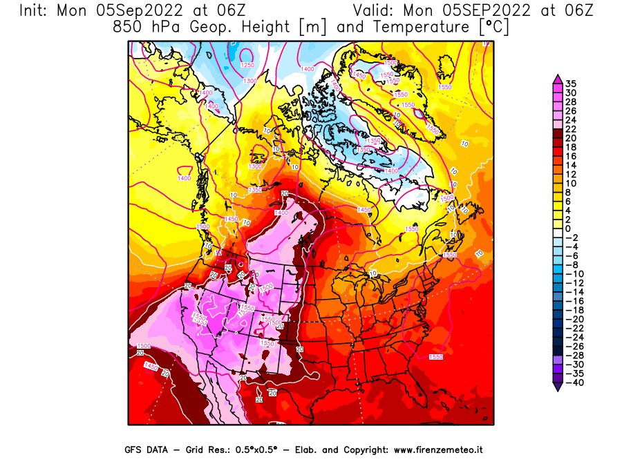 Mappa di analisi GFS - Geopotenziale [m] e Temperatura [°C] a 850 hPa in Nord-America
							del 05/09/2022 06 <!--googleoff: index-->UTC<!--googleon: index-->