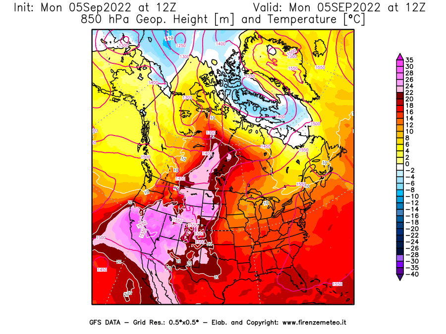 GFS analysi map - Geopotential [m] and Temperature [°C] at 850 hPa in North America
									on 05/09/2022 12 <!--googleoff: index-->UTC<!--googleon: index-->