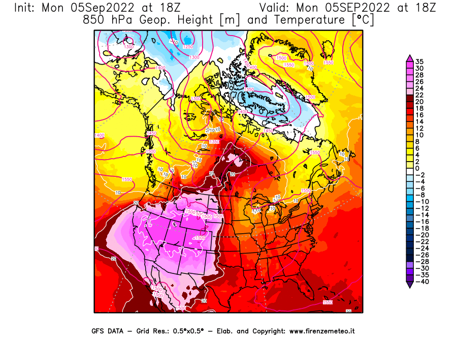 Mappa di analisi GFS - Geopotenziale [m] e Temperatura [°C] a 850 hPa in Nord-America
							del 05/09/2022 18 <!--googleoff: index-->UTC<!--googleon: index-->