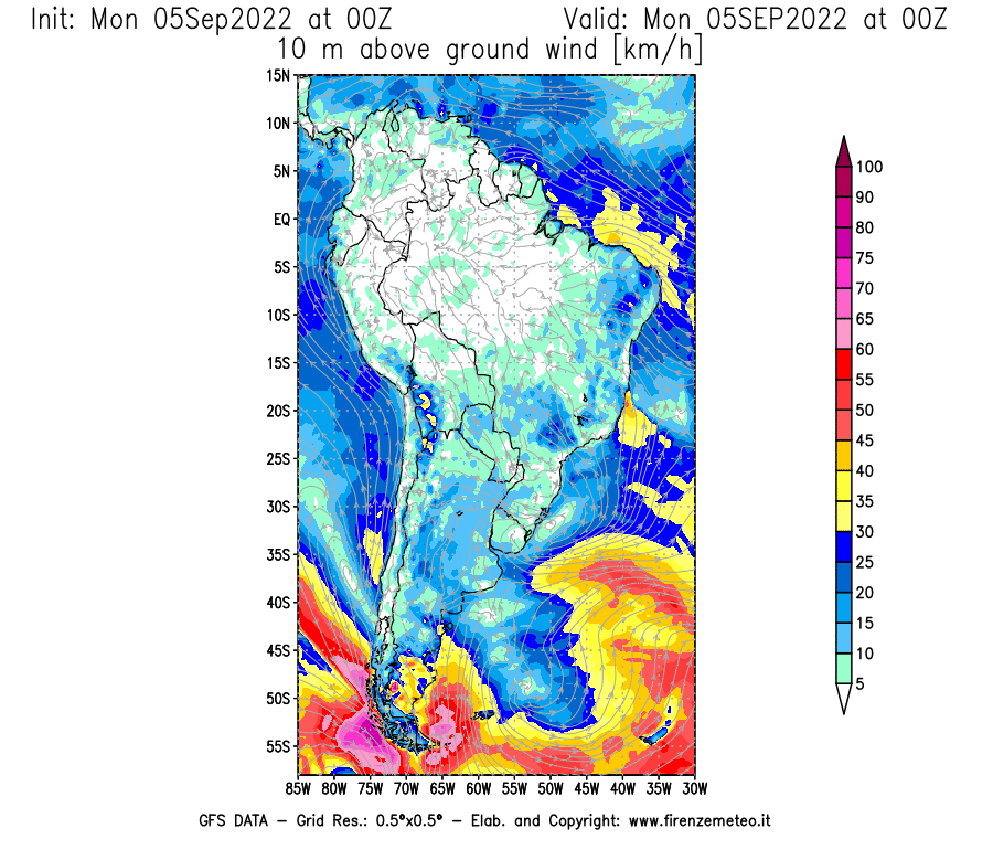 Mappa di analisi GFS - Velocità del vento a 10 metri dal suolo [km/h] in Sud-America
							del 05/09/2022 00 <!--googleoff: index-->UTC<!--googleon: index-->