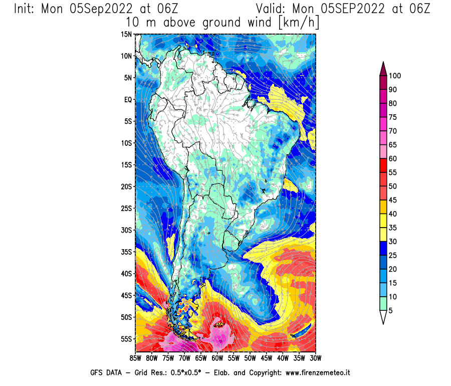 Mappa di analisi GFS - Velocità del vento a 10 metri dal suolo [km/h] in Sud-America
							del 05/09/2022 06 <!--googleoff: index-->UTC<!--googleon: index-->