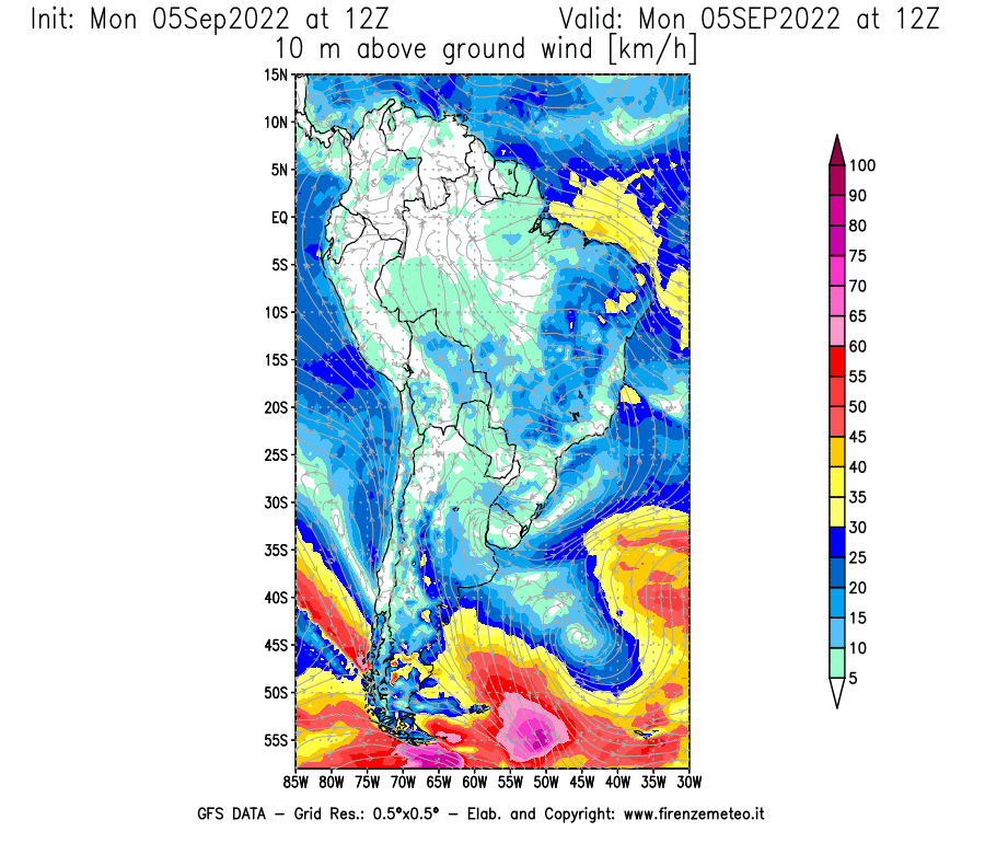 Mappa di analisi GFS - Velocità del vento a 10 metri dal suolo [km/h] in Sud-America
							del 05/09/2022 12 <!--googleoff: index-->UTC<!--googleon: index-->