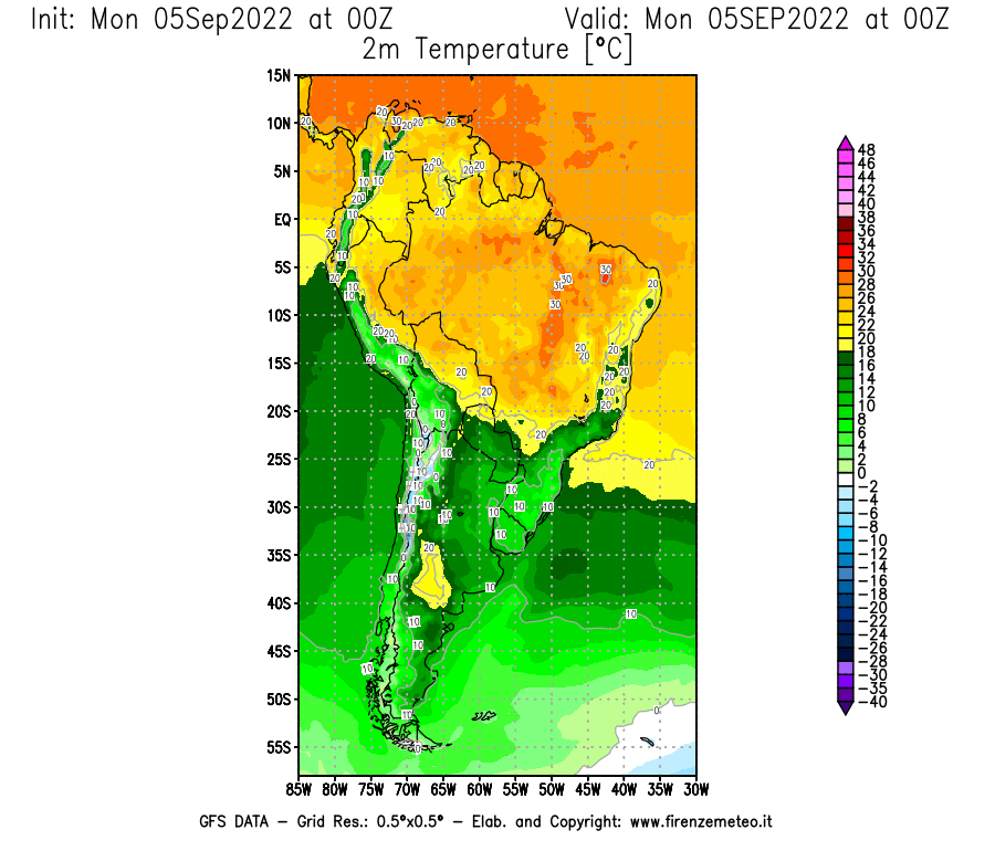 Mappa di analisi GFS - Temperatura a 2 metri dal suolo [°C] in Sud-America
							del 05/09/2022 00 <!--googleoff: index-->UTC<!--googleon: index-->
