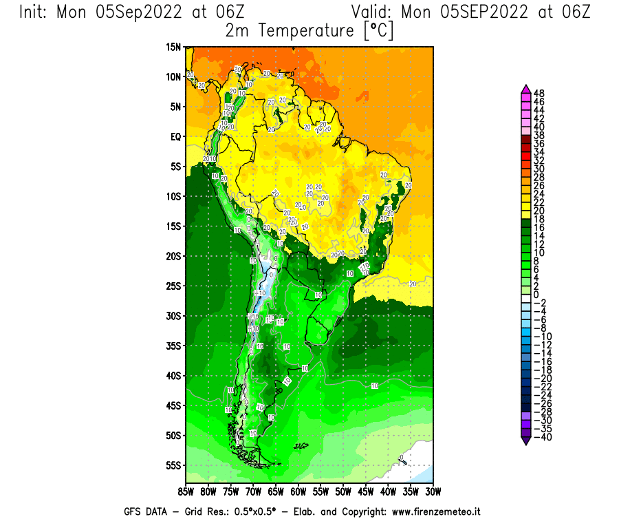 GFS analysi map - Temperature at 2 m above ground [°C] in South America
									on 05/09/2022 06 <!--googleoff: index-->UTC<!--googleon: index-->