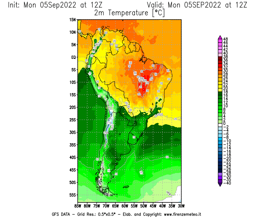 GFS analysi map - Temperature at 2 m above ground [°C] in South America
									on 05/09/2022 12 <!--googleoff: index-->UTC<!--googleon: index-->