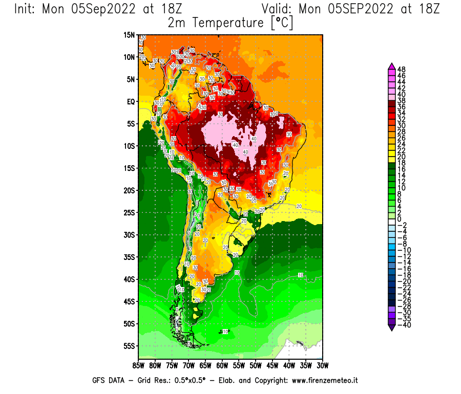 Mappa di analisi GFS - Temperatura a 2 metri dal suolo [°C] in Sud-America
							del 05/09/2022 18 <!--googleoff: index-->UTC<!--googleon: index-->