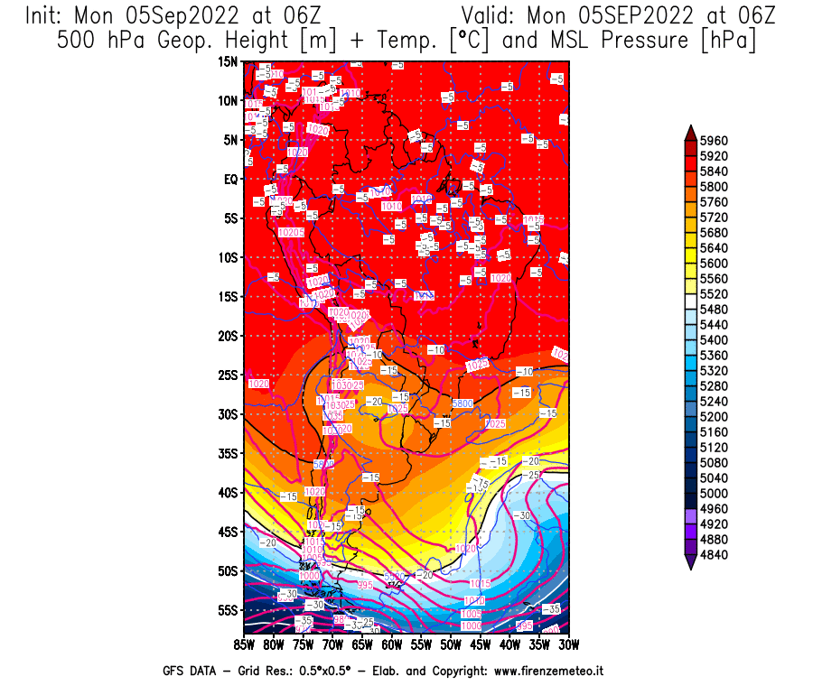 Mappa di analisi GFS - Geopotenziale [m] + Temp. [°C] a 500 hPa + Press. a livello del mare [hPa] in Sud-America
							del 05/09/2022 06 <!--googleoff: index-->UTC<!--googleon: index-->