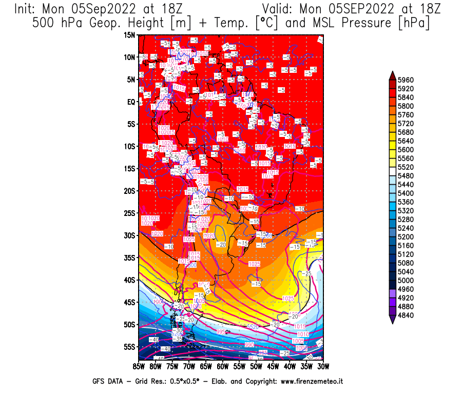 GFS analysi map - Geopotential [m] + Temp. [°C] at 500 hPa + Sea Level Pressure [hPa] in South America
									on 05/09/2022 18 <!--googleoff: index-->UTC<!--googleon: index-->