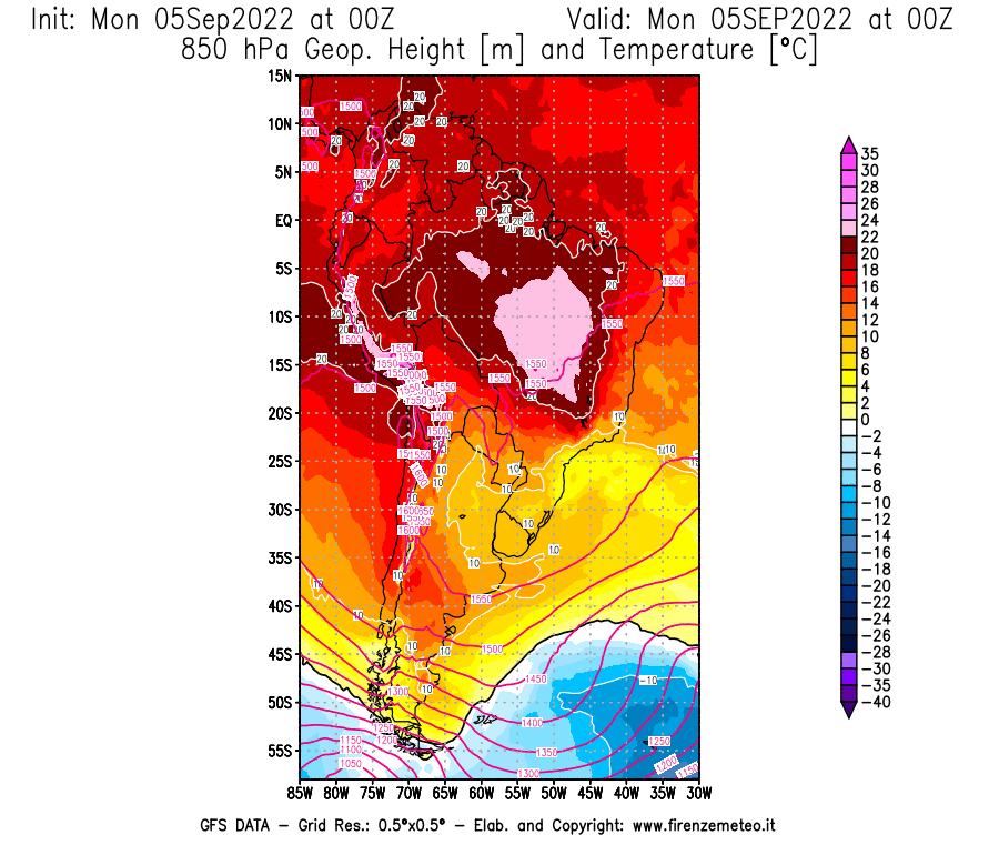 GFS analysi map - Geopotential [m] and Temperature [°C] at 850 hPa in South America
									on 05/09/2022 00 <!--googleoff: index-->UTC<!--googleon: index-->
