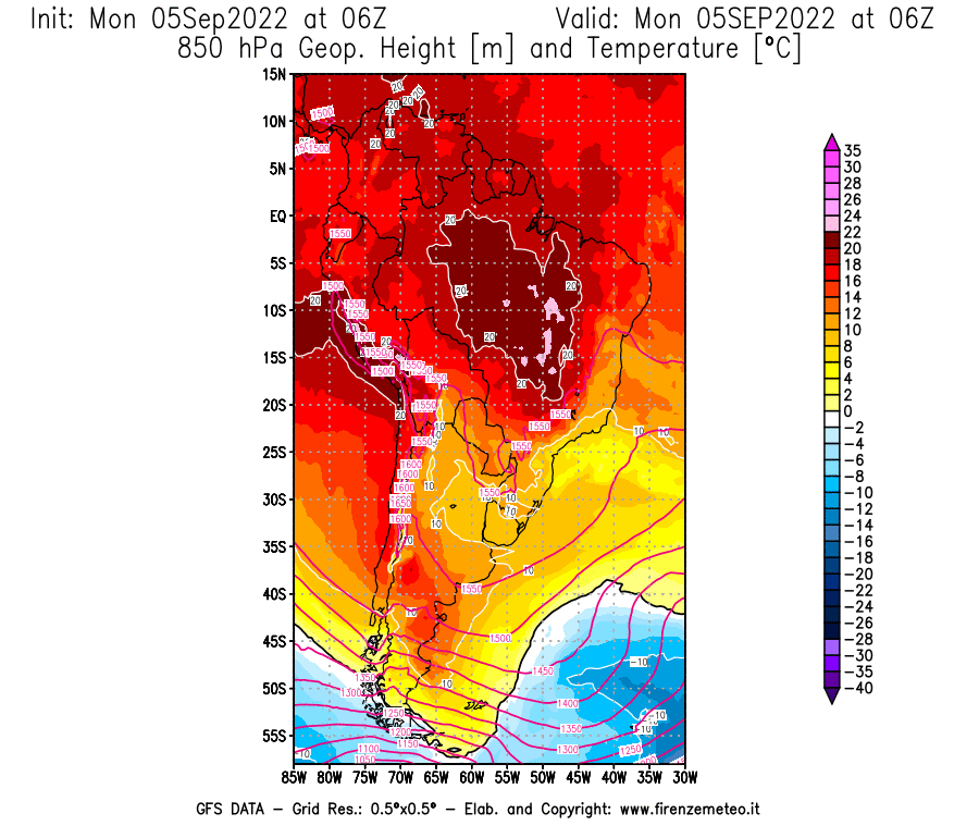 Mappa di analisi GFS - Geopotenziale [m] e Temperatura [°C] a 850 hPa in Sud-America
							del 05/09/2022 06 <!--googleoff: index-->UTC<!--googleon: index-->