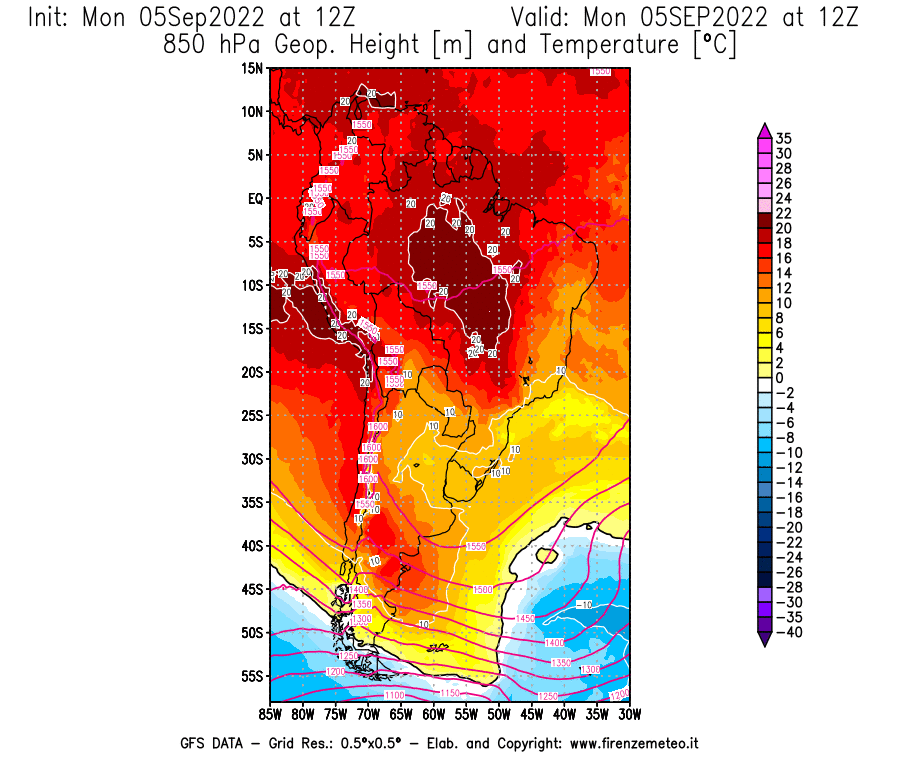 Mappa di analisi GFS - Geopotenziale [m] e Temperatura [°C] a 850 hPa in Sud-America
							del 05/09/2022 12 <!--googleoff: index-->UTC<!--googleon: index-->