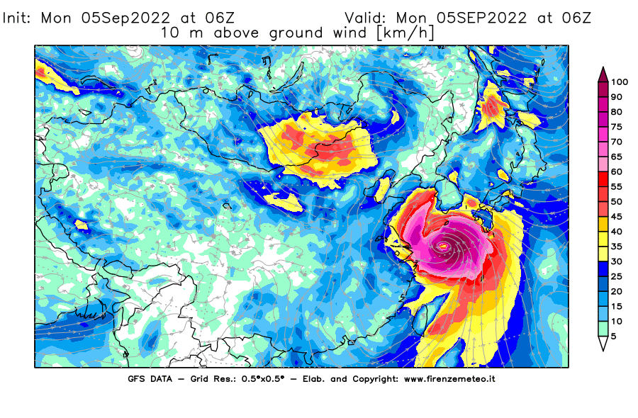 Mappa di analisi GFS - Velocità del vento a 10 metri dal suolo [km/h] in Asia Orientale
							del 05/09/2022 06 <!--googleoff: index-->UTC<!--googleon: index-->