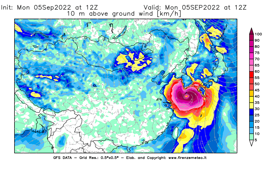 Mappa di analisi GFS - Velocità del vento a 10 metri dal suolo [km/h] in Asia Orientale
							del 05/09/2022 12 <!--googleoff: index-->UTC<!--googleon: index-->
