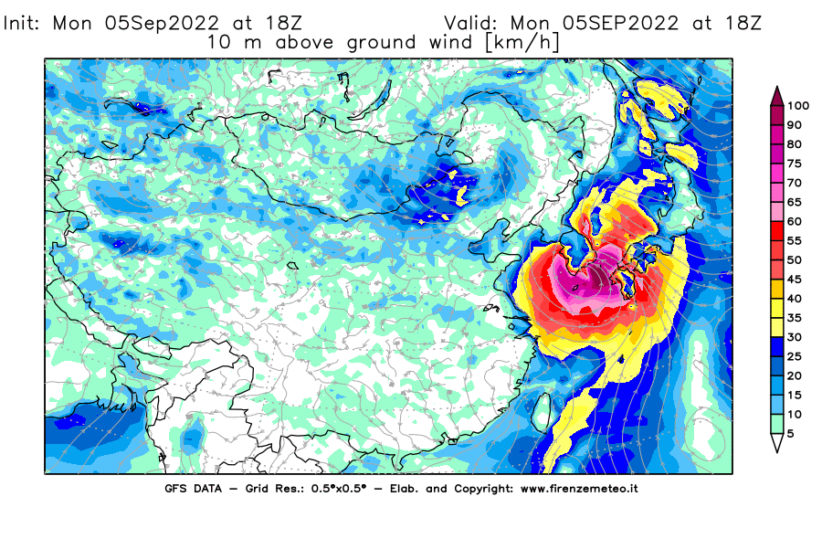 Mappa di analisi GFS - Velocità del vento a 10 metri dal suolo [km/h] in Asia Orientale
							del 05/09/2022 18 <!--googleoff: index-->UTC<!--googleon: index-->