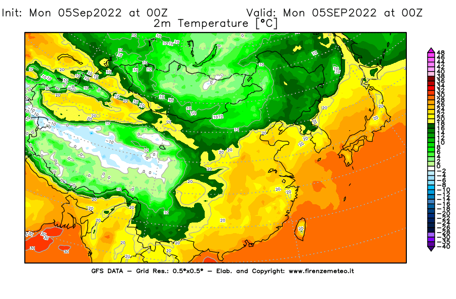 Mappa di analisi GFS - Temperatura a 2 metri dal suolo [°C] in Asia Orientale
							del 05/09/2022 00 <!--googleoff: index-->UTC<!--googleon: index-->