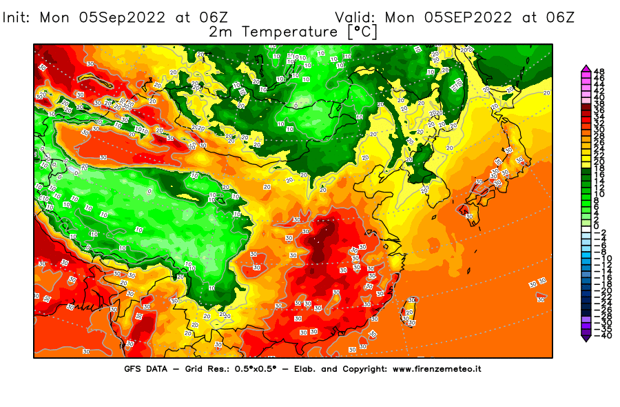 GFS analysi map - Temperature at 2 m above ground [°C] in East Asia
									on 05/09/2022 06 <!--googleoff: index-->UTC<!--googleon: index-->